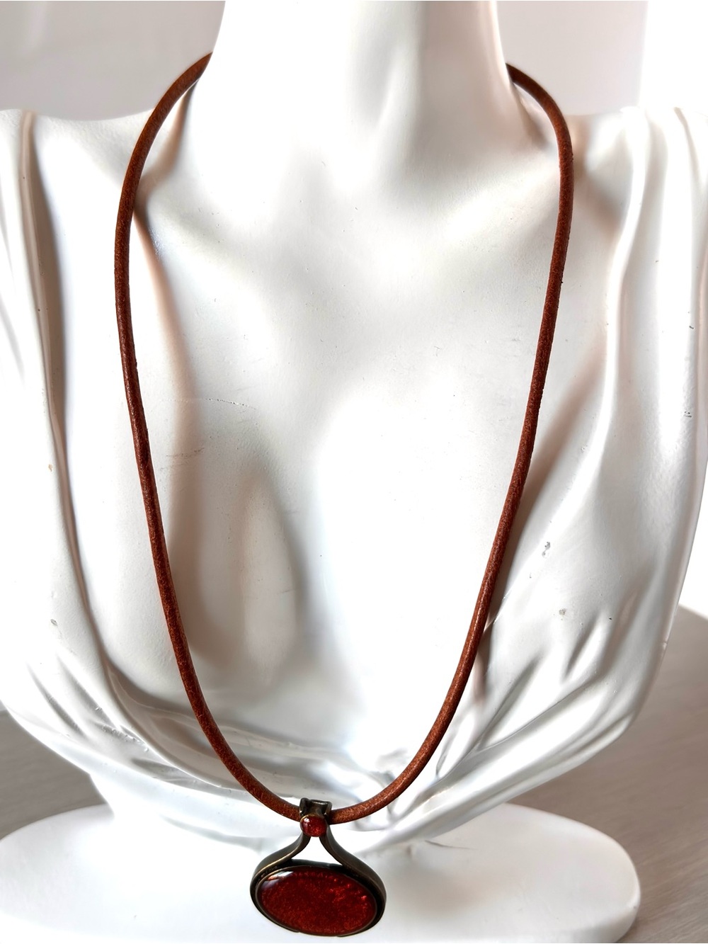 Handmade Brown Leather Cord Necklace with orange resin Pendant